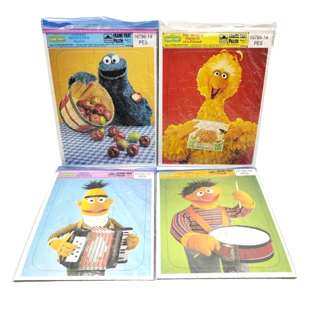 Lot of 4 VTG Frame Tray Sesame Street Puzzles Big Bird Bert Ernie Cookie Monster